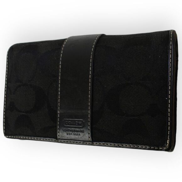 COACH CC LOGO CANVAS GENUINE LEATHER BLACK WALLET - Picture 5 of 11